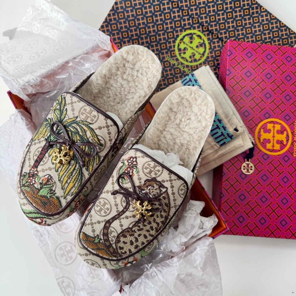 NEW Tory Burch Monogram Jacquard Needlepoint Shearling Mules Cheetah Tropical - Picture 2 of 14
